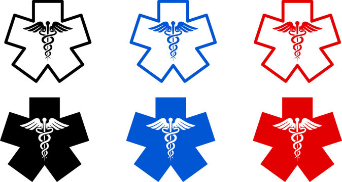 Medical star of life icons set in various colors and styles, Emergency medical services emblems with outline and solid designs, Collection of caduceus symbols for first aid illustration