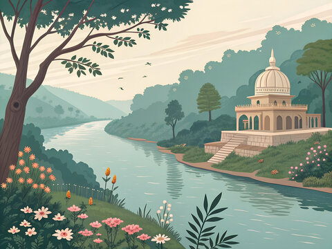 Chitrakoot river and temple scene, premium vector illustration, limited soft devotional palette, peaceful riverbank composition