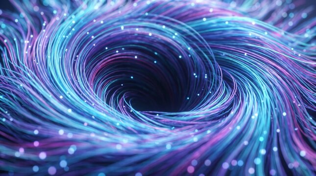 Abstract glowing blue and purple fiber optic vortex with swirling light trails and floating luminous particles