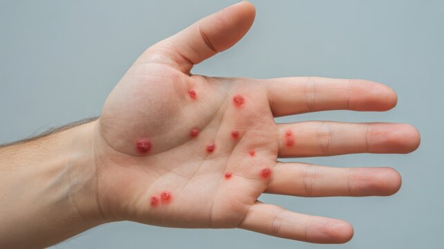 Viral Rash and Red Skin Blisters on Human Palm Hand Close-up