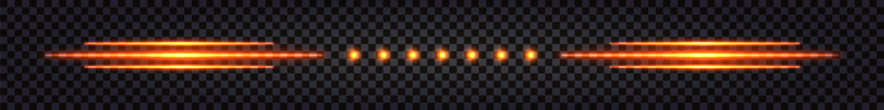 Fiery glowing line border with neon light effect. Design element for divider, separator or graphic decor. Hot red shine beams.  Vector isolated on dark background
