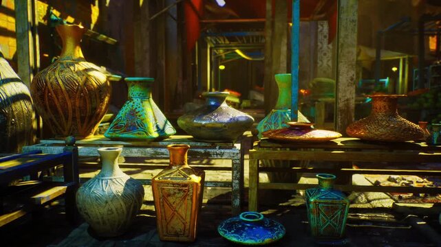 Sunlit market aisle lined with glazed jars and stacked bowls, vendor arranging morning display, warm glow across timber shelving, quiet commerce and textured
