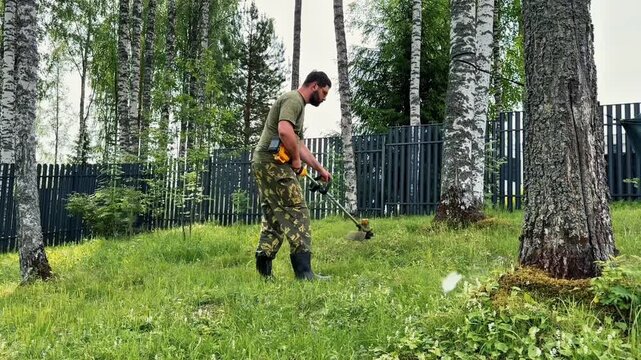 A man mows grass between birch trees with a cordless string trimmer on his countryside property