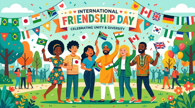 International Friendship Day, Unity Diversity Celebration, Colorful Vector Illustration, People Flags Banners