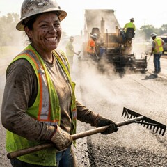 Fototapeta premium Smiling Female Road Construction Worker in Safety Gear Holding Rake at Paving Site
