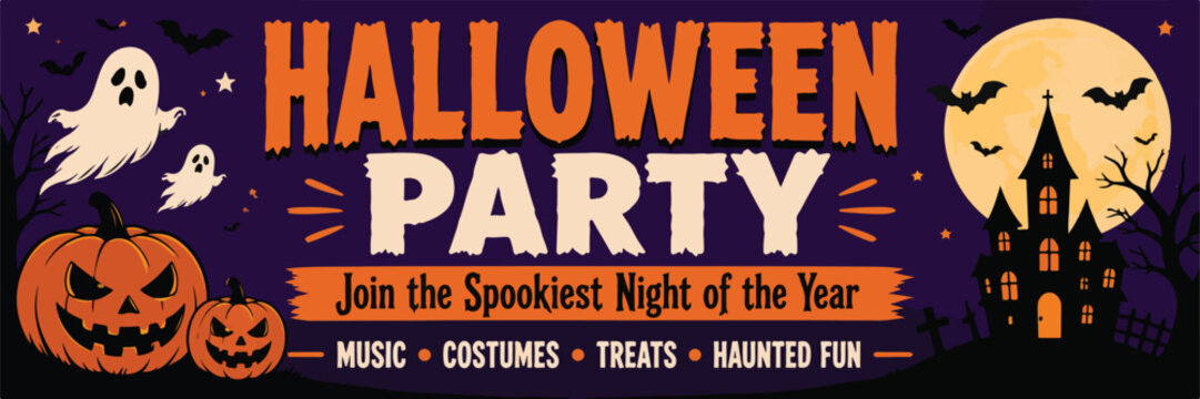 Halloween Party Banner with Ghosts Pumpkins Castle and Full Moon