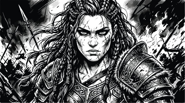 Powerful Shield-Maiden Norse Warrior Epic Sketch Illustration