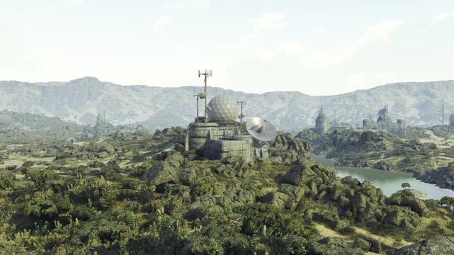 Observatory dome and parabolic antenna on ridge, sweeping lake vista and layered mountains, technical instruments and weather mast visible, clear bright
