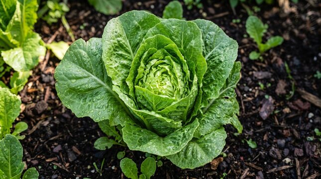 Fresh head of romaine lettuce growing in dark soil garden bed with vegetable