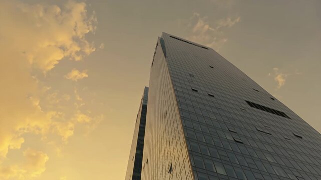 Low Angle Shot of a Modern Glass Skyscraper Against a Golden Sunset Sky in the City.