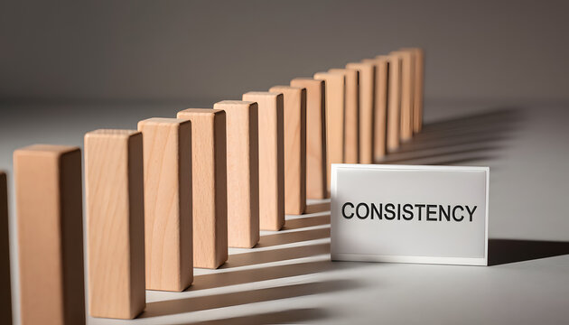 A long line of standing wooden blocks casting shadows next to a white card with the word consistency, symbolizing business discipline and continuous progress.