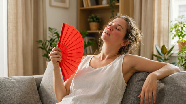 Woman feeling hot at home using a red hand fan to cool down during a heatwave