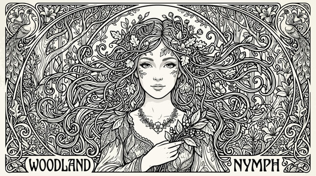 Art Nouveau Woodland Nymph Coloring Page Illustration