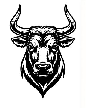 Black and white portrait illustration of a strong bull head