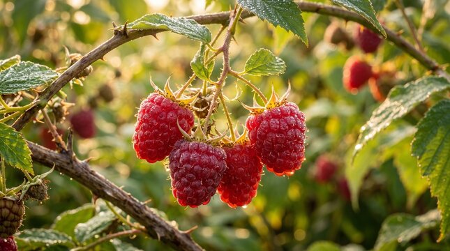 Fresh ripe raspberries growing on bush in summer garden with raspberry, vitamins