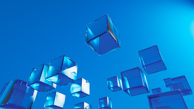 Floating glass cubes create a technology scene in blue space