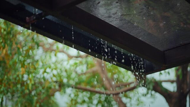Heavy rain dripping from a modern awning glass roof with green trees background, raindrops pouring down from roof edge during monsoon season, stormy weather, cozy stay home, and peaceful nature