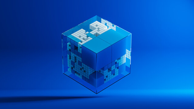 Explore technology and data in a transparent cube background setting