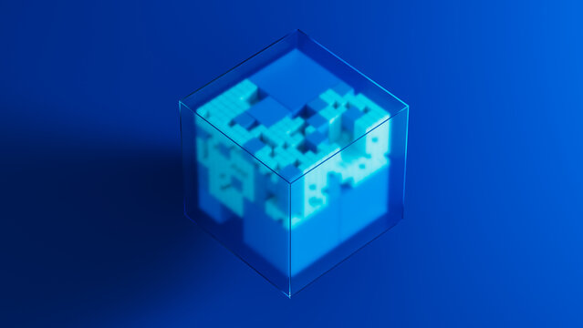 Explore technology and data in a transparent cube background setting