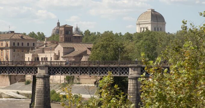 View of the muddy Tiber River in Rome, Italy, showing the historic Palatino Bridge framed by lush green trees, with traditional buildings and the prominent synagogue dome visible under a sunny sky.