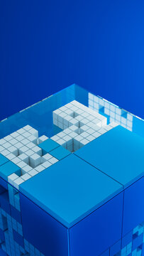 Explore technology and data in a transparent cube background setting