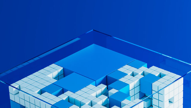 Explore technology and data in a transparent cube background setting