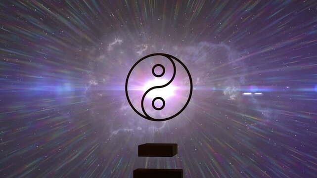 Central glow emerging sending streaks yin-yang emblem appearing three bars rising assembling emblem