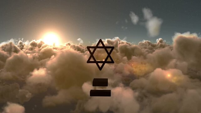 Camera advancing center hexagram staying above three bars clouds rising sun flaring showing emblem