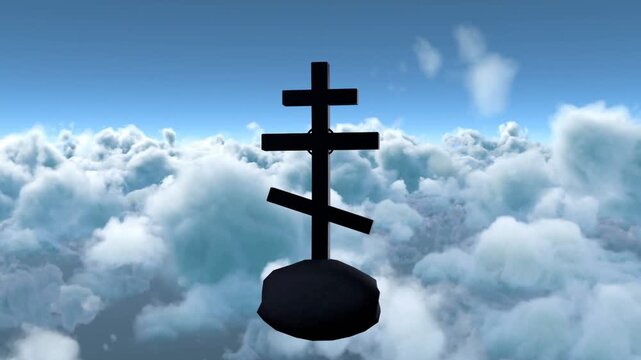 Camera pushing forward black tri-beam post floating on rock as clouds rolling showing brighter sky