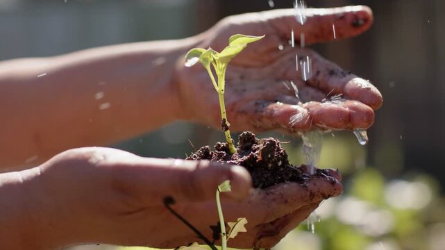 Boy cupping sprout while water droplets falling, wetting soil, hands sheltering, teaching gardening