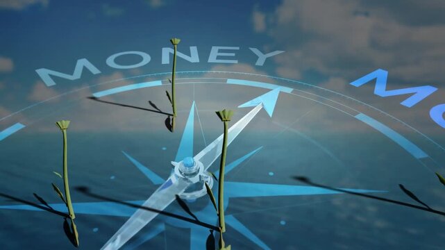 Orbiting triangles gathering at compass hub causing stems growing into pink blooms showing MONEY