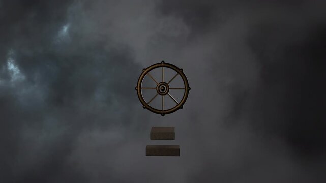 Ship wheel rotating as cloud flash causing blue backlight revealing three blocks and forming emblem