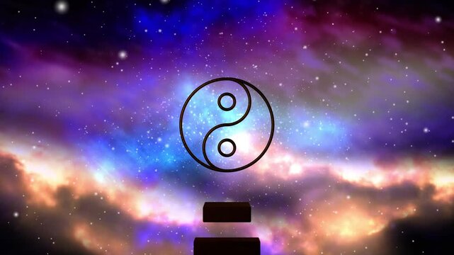 nebula shifting hues starting bars rising while yin-yang holding center, creating calm balance