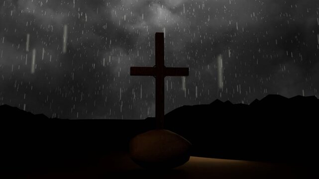 Low cloud releasing rain, raindrops falling past wooden cross while warm light highlighting base