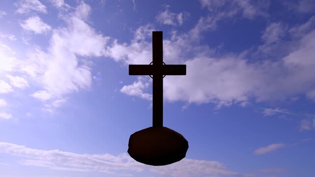 Sun brightening left side, silhouetted cross remaining centered while clouds shifting to show time