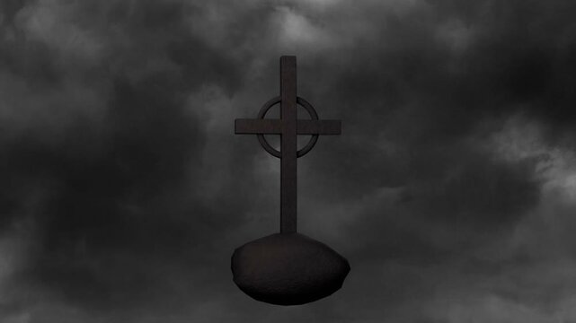 Cross with ring receiving lift, rising and settling to center for centering frame, clouds shifting