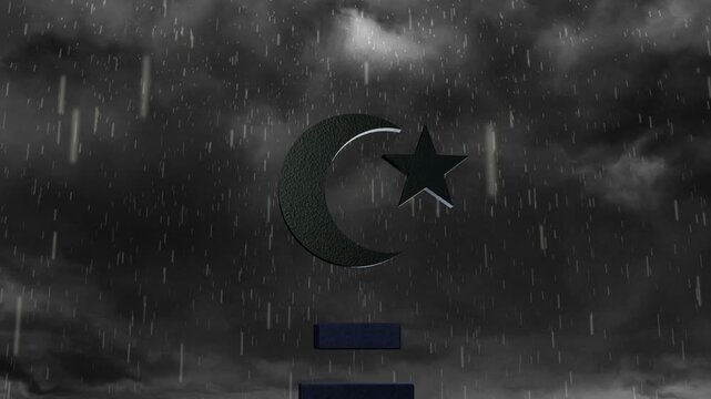 Storm onset starting clouds drifting and sending varying rain, emblem glinting to show strength
