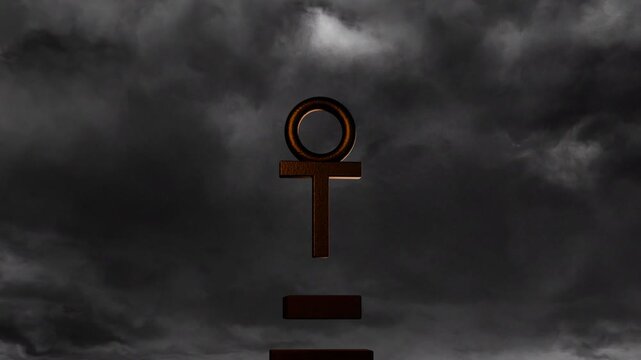 Storm clouds drifting, metallic glyph highlighting as lower bars sliding down, revealing brand mark