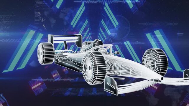 Camera shifting down right, wireframe car rotating, moving closer, revealing front details for demo