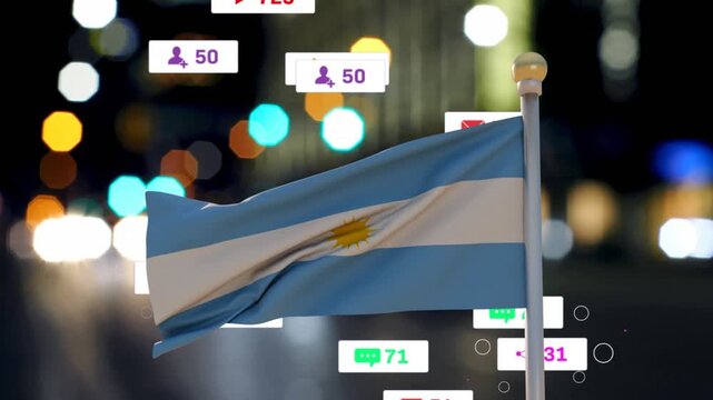 Flag rippling in night breeze as alert icons appearing, swelling then fading, showing social buzz