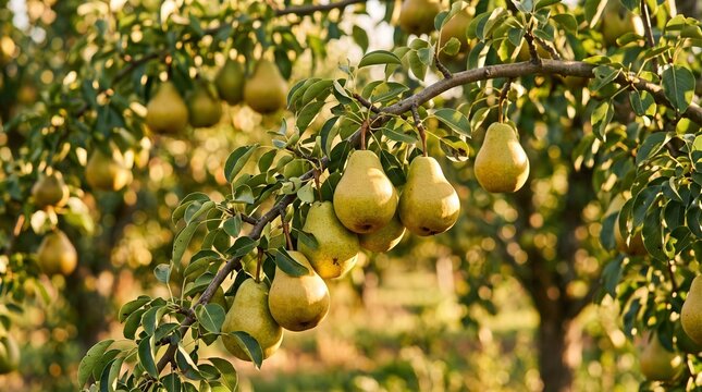 Fresh ripe pears hanging on branch in fruit orchard with agriculture, vitamins