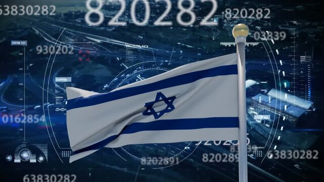 Moderate wind starting flag waving over cityscape as HUD rings and numeric overlay showing data