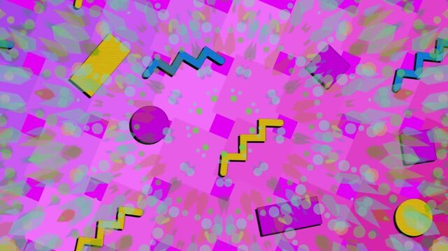Magenta checked kaleidoscope pulsing from center dot, shapes orbiting, rotating, forming pattern