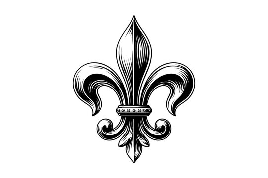 Black and white fleur de lis heraldic symbol engraving illustration