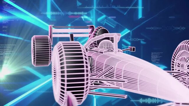 Wireframe F1 car appearing in neon tunnel, camera orbiting, rotating, HUD pulsing, showcasing model