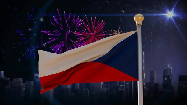 Teal fireworks bursting behind Czech flag sparking colorful bursts while it waving for celebration