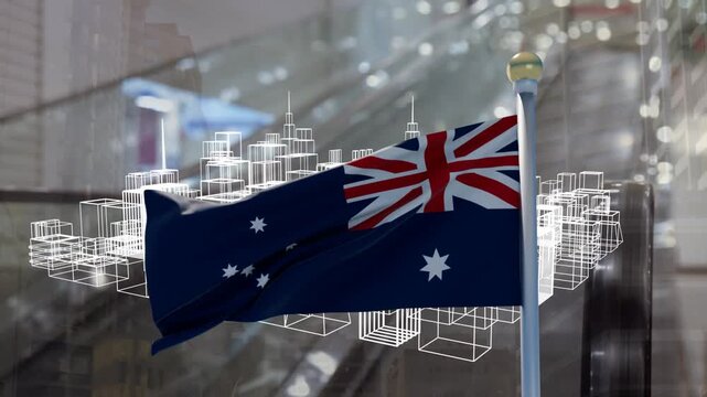 Air gust starting, Aussie flag fluttering and folding over wireframe skyline, showing details