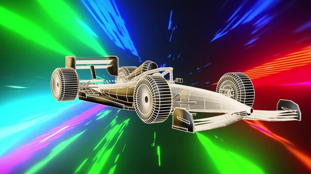 Neon bursts igniting tunnel openwheel wireframe car floating through neon streaks suggesting speed
