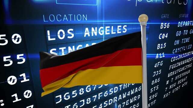 Light streaks sweeping German flag on white pole fluttering over departures board, showing flights