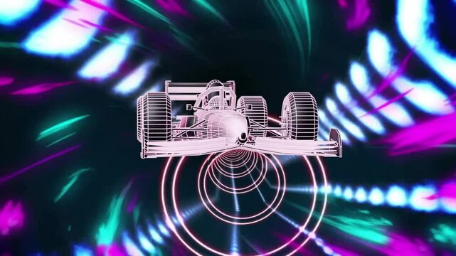 Pulsing spiral driving wireframe car forward, neon rings expanding, streaks rushing, showing motion